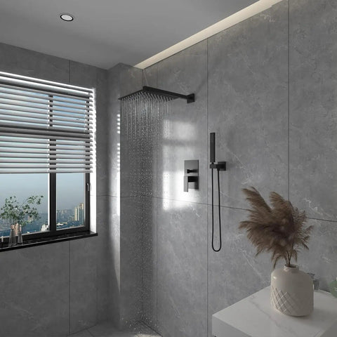 Complete Matte Black Shower System With 10 Inch Square Rain Shower Head And Handheld High Pressure Brass Valve Rough In Kit