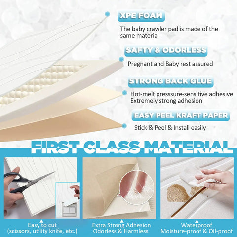 Image showing materials and features of 3D Peel and Stick Wall Panels 20 Pack, highlighting XPE foam, safety, adhesive, and easy cutting.