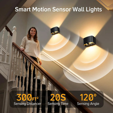 Cordless Motion Sensor Wall Light With Remote Control No Cords Needed Set Of Two 5000mAh Rechargeable Wireless Sconce illuminating staircase
