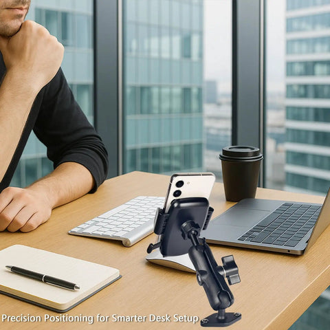 Go To 1 Inch Ball Phone Mount With Aluminum Arm And Base Dual Ball Joint 360 Degree Adjustable Screw Mount Base on desk