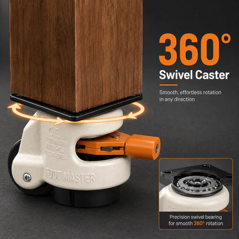 Heavy Duty Leveling Casters Set Of Four 2200 Lb Capacity Industrial Floor Levelers With Ratchet Handle, 360° swivel for easy maneuvering.