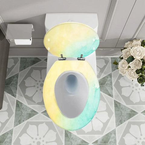 Elongated Toilet Seat Quiet Close Bathroom with colorful design displayed on a toilet, ideal for modern bathroom decor.
