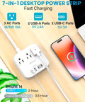 Ultra Flat 5ft Extension Cord Power Strip With 3 Outlets And 4 USB Ports 2 USB C Desk Charging Station next to charging smartphone