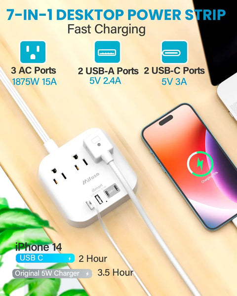 Ultra Flat 5ft Extension Cord Power Strip With 3 Outlets And 4 USB Ports 2 USB C Desk Charging Station next to charging smartphone
