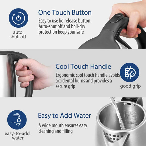Usage features of the 1.7L Stainless Steel Electric Tea Kettle With LED Light, BPA Free, Auto Shut Off, Boil Dry Protection, 1500W Fast Boil