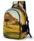 Summer Working Farm Landscape Printed Unisex Backpack with barn, farmer, and dog, large capacity daypack for travel and school use