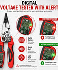 4-in-1 Wire Stripping and Testing Pliers Electrician’s Multitool with digital voltage tester display and alerts for live and neutral wire detection.