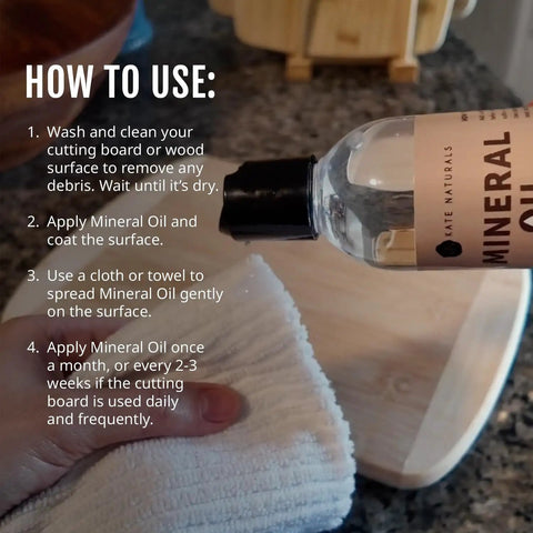 Applying Top Shelf Food Grade Mineral Oil Eight Ounce Wood Conditioner on a cutting board using a cloth.