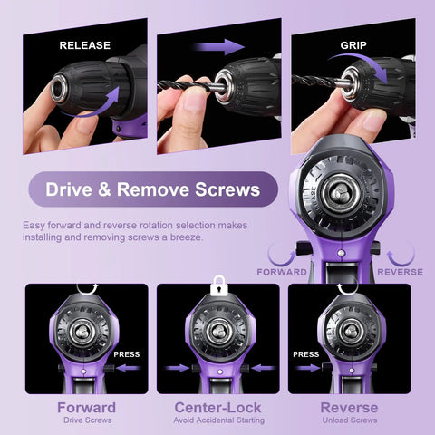 Operating instructions for 139 Piece Cordless Drill Set With Li Ion Battery 8V Power Drill showing forward and reverse features.