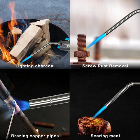 Trigger Start Gas Welding Torch Head For Propane And MAP PRO Fuel being used for various tasks: lighting charcoal, removing rust, brazing copper pipes, searing meat.