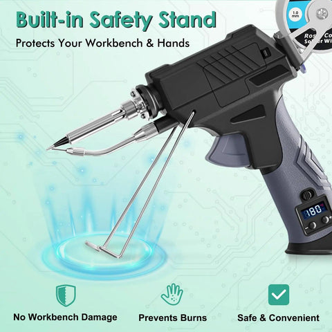 60W Auto Feed Soldering Iron Gun Kit With Adjustable Temperature LCD Display, built-in safety stand, protection features
