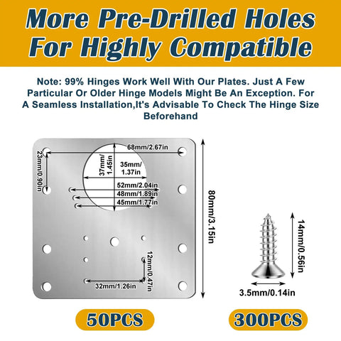 Diagram of a stainless steel plate with dimensions and a screw from 50 Piece Cabinet Hinge Repair Plate Kit With Stainless Steel Mounting Plates And 300 Screws For Kitchen Cabinets Cupboard Doors And Furniture Easy Install Durable Fixes