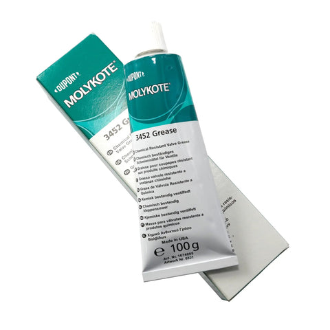 Heavy Duty White Valve Lubricant Grease 3452, 100g Tube, Chemical Resistant Fluorosilicone PTFE Thickened displayed with box