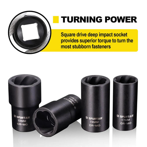 5 Piece Lug Nut Removal Tool Set For Damaged Nuts And Bolts In 17mm 19mm 22mm Sizes with deep impact sockets