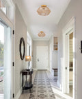 Hallway with Boho Rattan Ceiling Light Fixture Flush Mount Handcrafted Woven Mini Chandelier With Gold Brass Brush Finish