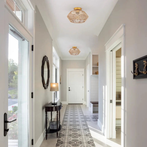Hallway with Boho Rattan Ceiling Light Fixture Flush Mount Handcrafted Woven Mini Chandelier With Gold Brass Brush Finish