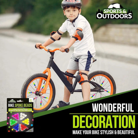 Boy riding bike with Colorful 36 Piece Clip On Bike Spoke Beads For Kids Wheel Decorations Multicolor Spokey Dokeys