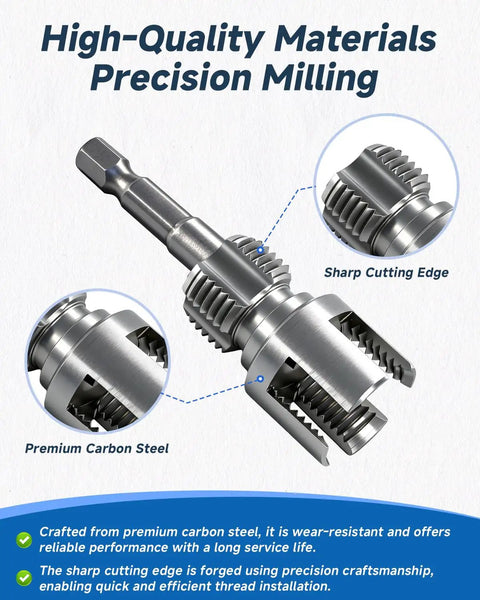 Two In One Pipe Tapping And Threading Kit, close-up of carbon steel threading tool with sharp cutting edge for PVC pipes.