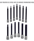 Magnetic Long Torx Bit Socket Set, 13-Piece, Corrosion-Resistant Star Bits For Automotive Repairs shown in two rows