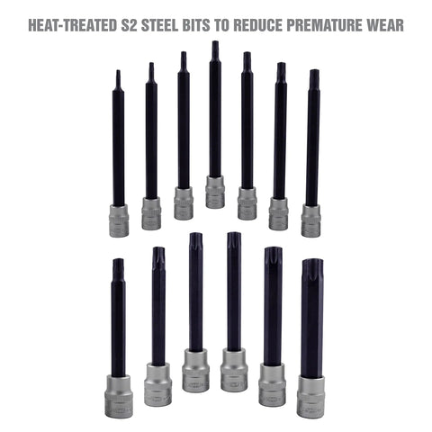 Magnetic Long Torx Bit Socket Set, 13-Piece, Corrosion-Resistant Star Bits For Automotive Repairs shown in two rows