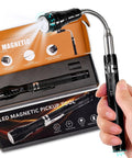 Hand holding extendable magnetic flashlight tool with LED light and packaging