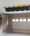 Garage Ceiling Bin Storage Rack, Adjustable Heavy Duty Overhead Tote Rail System for Five Bins, Installed in Garage