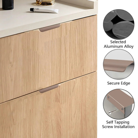 Finger Edge Pulls Self-Adhesive 8 Pack Concealed Cabinet Drawer Handles installed on light wood drawer with aluminum detail