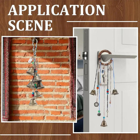 108 Piece DIY Witch Bell Kit For Protection And Home Decor shown as boho wind chime door knob hangers on brick and door scenes