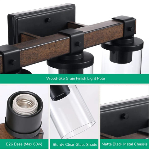 Farmhouse Vanity Lights For Bathroom, 3 Light Wall Sconce Over Mirror with wood-like grain finish, black frame, clear glass shades