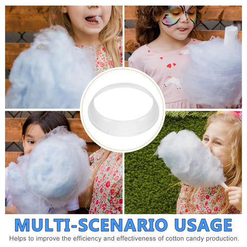 Cotton Candy Maker Guard Lid Shield for 10 Inch Marshmallow Machine with kids enjoying cotton candy, white plastic cover in center