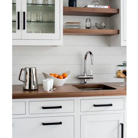 Modern kitchen with 6 Pack Matte Black Stainless Steel Kitchen Cabinet Door Handles on white cabinets and wood countertop