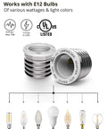 E26 To E12 Light Socket Adapter 6 Pack Converts E26 And E27 Fixtures To E12 Bulbs Ideal For LED And CFL Safe UL Listed 75W Max Heat Resistant No Fire Hazard Easy Install No Fuss Ceiling Lamp Upgrade showing two adapters with UL listing symbol.