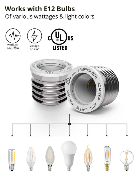 E26 To E12 Light Socket Adapter 6 Pack Converts E26 And E27 Fixtures To E12 Bulbs Ideal For LED And CFL Safe UL Listed 75W Max Heat Resistant No Fire Hazard Easy Install No Fuss Ceiling Lamp Upgrade showing two adapters with UL listing symbol.