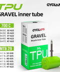 2 Pack Gravel TPU Bike Inner Tubes For 700x32-47C And 29 Inch MTB Tires displayed with packaging and valve core.