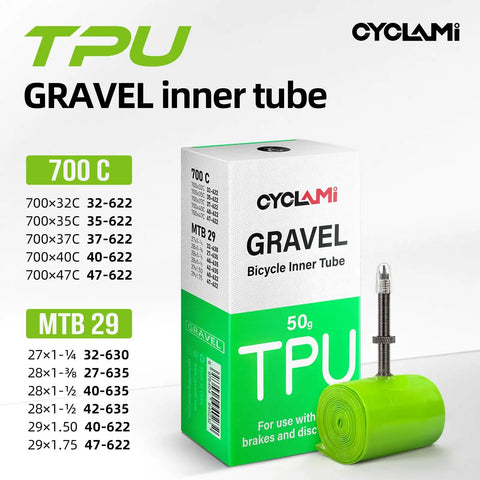 2 Pack Gravel TPU Bike Inner Tubes For 700x32-47C And 29 Inch MTB Tires displayed with packaging and valve core.