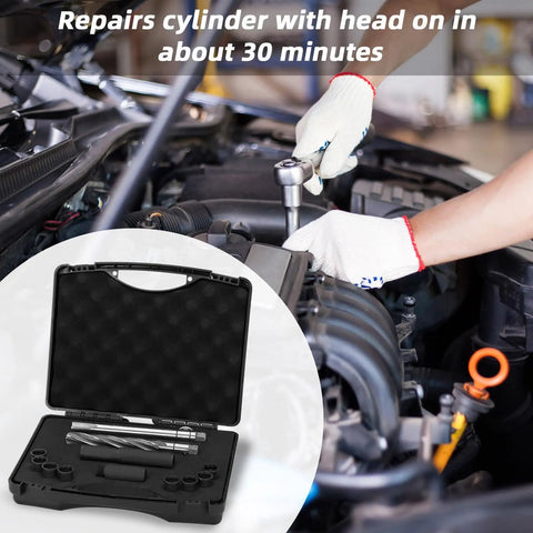 Mechanic using Ford Triton 3 Valve Spark Plug Thread Repair Insert Installer Kit M16x1.5 next to open toolbox