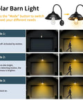 2 Pack Solar Barn Lights Outdoor Wall Sconces With Motion Sensor And 3 Lighting Modes overview with mode descriptions