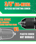 Image showing comparison between a 3/8 inch all-metal keyless ratcheting chuck and a plastic chuck for better durability and grip.