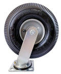 Drop Dead Solid 10 Inch Swivel Pneumatic Casters Rolling Like Butter On Black Rubber Tires With Sturdy Zinc Plates and True 360 Degree Spin Built For The Daily Grind Supporting Up To 800 Pounds - rear view of caster wheel assembly.