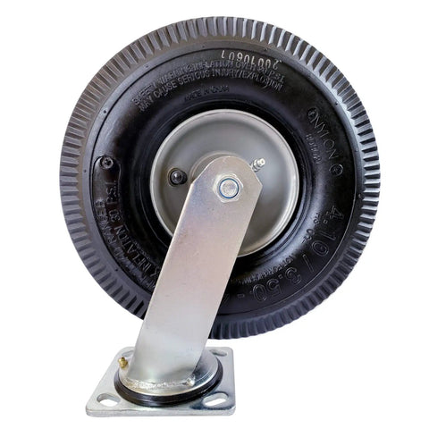 Drop Dead Solid 10 Inch Swivel Pneumatic Casters Rolling Like Butter On Black Rubber Tires With Sturdy Zinc Plates and True 360 Degree Spin Built For The Daily Grind Supporting Up To 800 Pounds - rear view of caster wheel assembly.