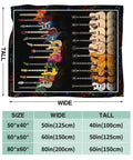 Cozy Music Lover Blanket For Guitar And Bass Fans 50x40 soft fleece throw with colorful guitar design, size chart shown