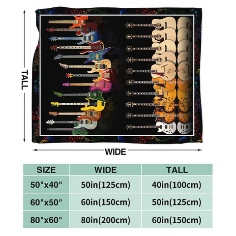 Cozy Music Lover Blanket For Guitar And Bass Fans 50x40 soft fleece throw with colorful guitar design, size chart shown