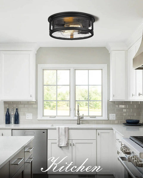 Super Cool Black Flush Mount Ceiling Light With Metal Cage Design And Seeded Glass Shade in kitchen setting.