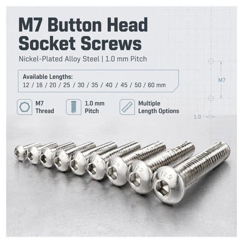 Top Shelf ZENFORX M7x1.0 Button Head Socket Bolts With Nickel Plating. Heavy Duty 12.9 Grade Steel in multiple lengths displayed.