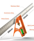 12 Inch Combination Square Kit With A Beefy Stainless Steel Blade And Zinc Cast Body, featuring adjustable markings and levels