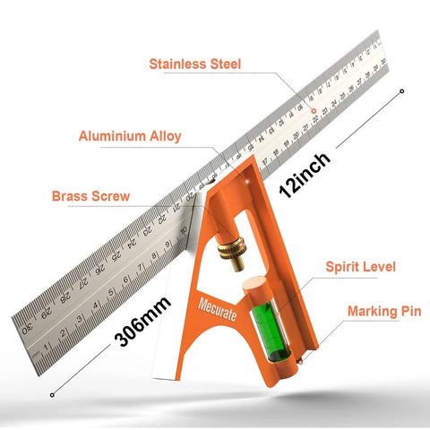 12 Inch Combination Square Kit With A Beefy Stainless Steel Blade And Zinc Cast Body, featuring adjustable markings and levels