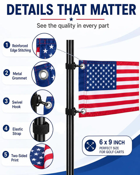 Premium Golf Cart American Flag 2 Pack 6X9 Inch Satin Patriotic Banner Built Tough With Reinforced Edges features details like elastic hooks and swivel brackets.