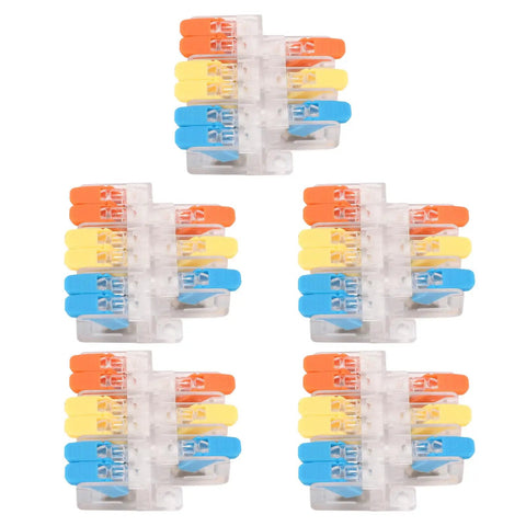 Set of 5 multi-colored 3 In 6 Out Quick Wiring Splice Cable Connector 41A 450V with red copper contacts, PA fire retardant housing.