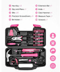 Pink 39-Piece Home Tool Set With Plastic Toolbox, showcasing essential hand tools for DIY projects, home repairs, and crafting.