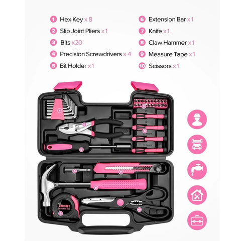 Pink 39-Piece Home Tool Set With Plastic Toolbox, showcasing essential hand tools for DIY projects, home repairs, and crafting.
